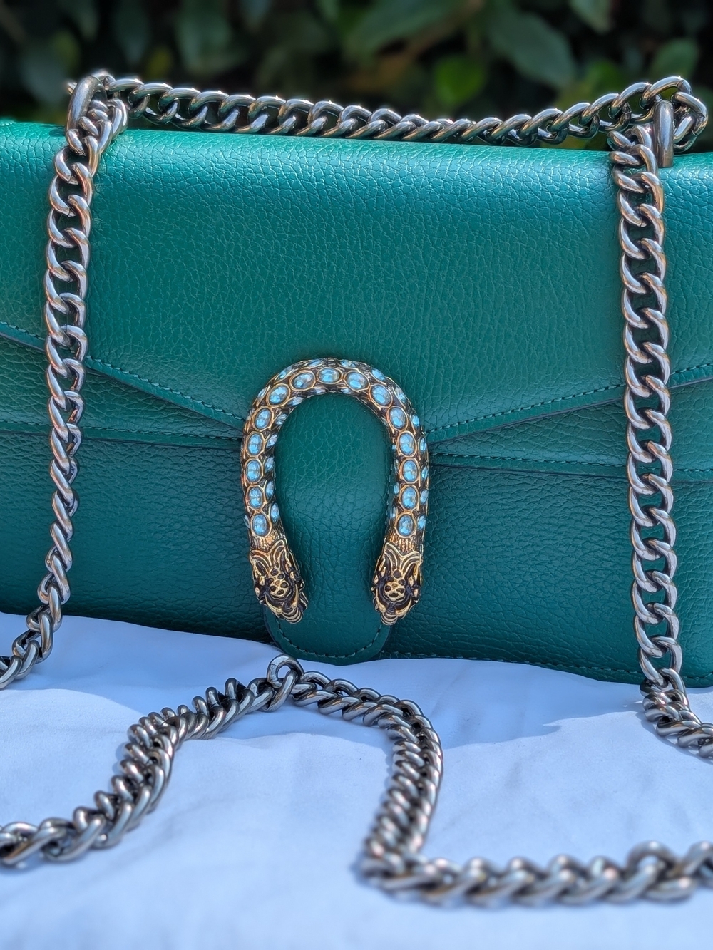Tiffany & Fred Paris Crested Dragon Emerald Green Leather Bag Silver Chain NWT